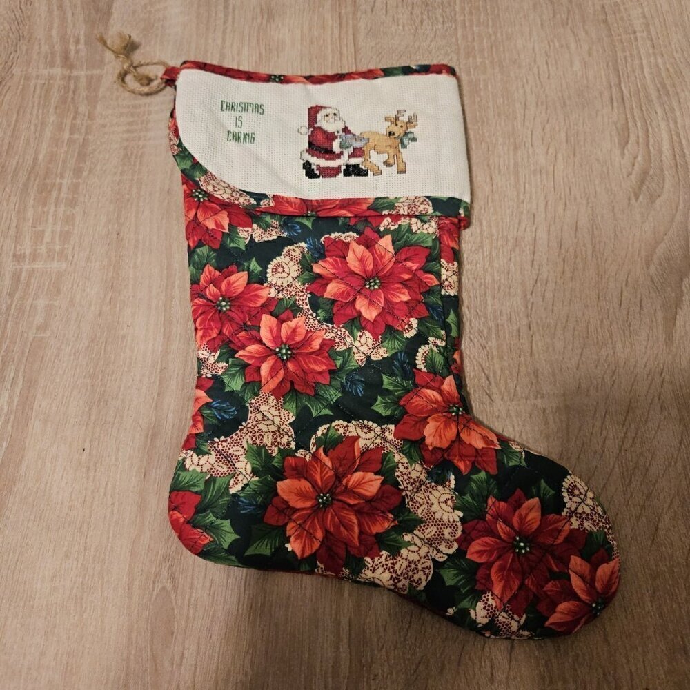 Handmade Christmas Stocking Embroidered Christmas Is Caring Pontsettias Santa